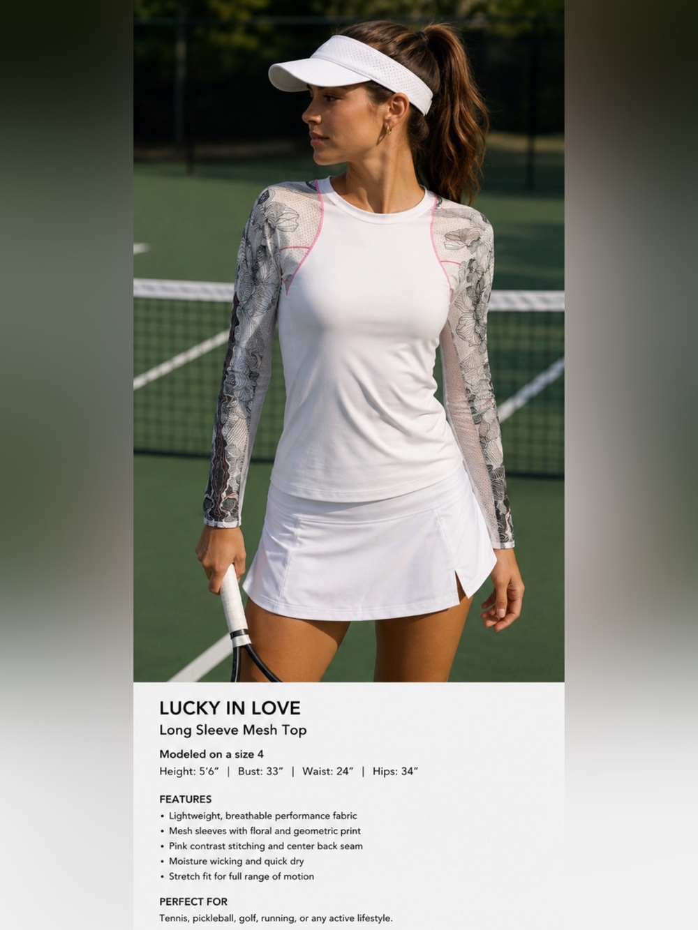 Lucky in Love Size 4/6 White Floral Mesh Long Sleeve Tennis Top